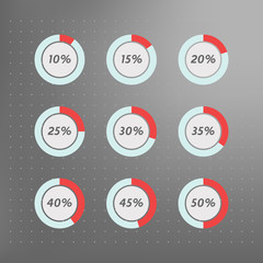 Infographics vector: 10%, 15%, 20%, 25%, 30%, 35%,  40%, 45%,  50%  blue red and grey pie charts on dotted background