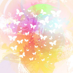 Beautiful colored spring background with butterflies in watercol