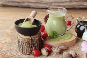 Matcha green tea and green tea powder.