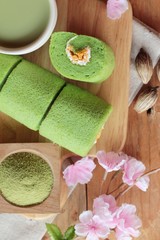 Green tea cake roll and matcha green tea.