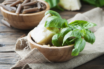 Ingredients for italian pesto with basil, pine and cheese