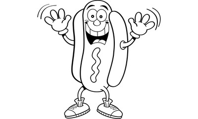 Fototapeta premium Black and white illustration of a hotdog waving.