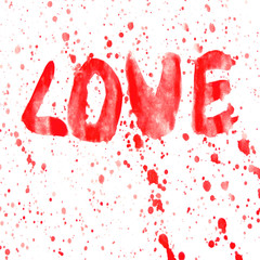Красное абстрактное акварельное LOVE брызги, потеки, пятна. на белом фоне.