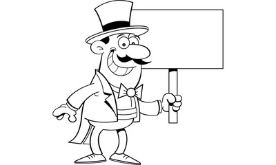 Black and white illustration of a man in a top hat holding a sign.
