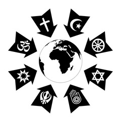 Pressure, stress and thread due to religion, depicted as black arrows with religious symbols pointing at planet earth. - obrazy, fototapety, plakaty