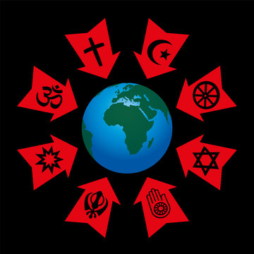 Religious control, manipulation and influence - arrows with symbols of world religions aggressive pointing at planet earth.