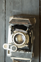 Lets go travel idea. Text and vintage camera.