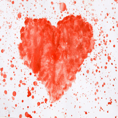 Красное абстрактное акварельное сердце. брызги, потеки, пятна . на белом фоне.
