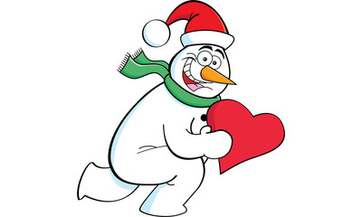 Cartoon illustration of a running snowman holding a heart.