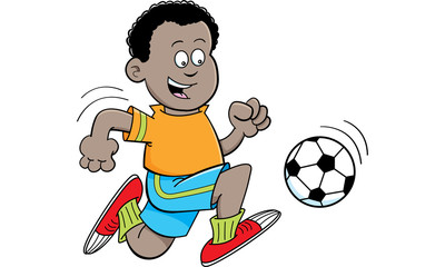 Cartoon illustration of an African boy playing soccer.