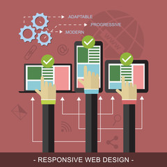 Responsive website design vector illustration with technological devices, icons and three hands.