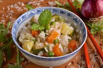 Chinese bowl with vegetable risotto of various vegetables