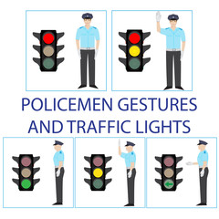 set of police officers gestures and traffic lights vector illustration