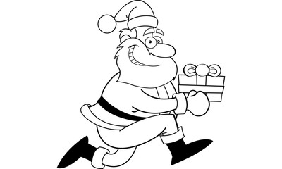Black and white illustration of Santa Claus running with a gift.