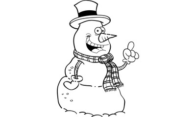 Black and white illustration of a snowman with an idea.