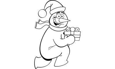 Black and white illustration of a running snowman holding a gift.