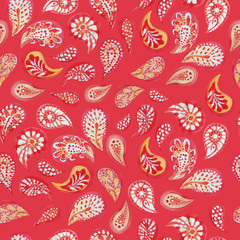 Paisley red color.Seamless pattern.Traditional ethnic pattern. Brushwork by hand.