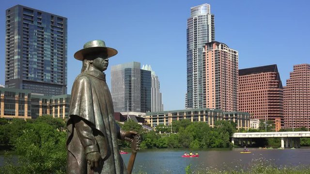 Stevie Ray Vaughan statue across the Colorado River from downtown Austin, Texas