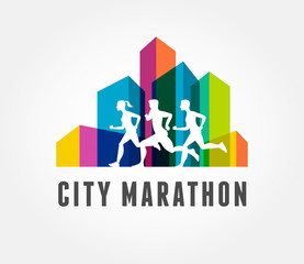 Panele Szklane  Bieganie maratonu w mieście, ikona i symbol ze wstążką, baner