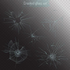 Set of different types of realistic broken glass crack on alpha background.