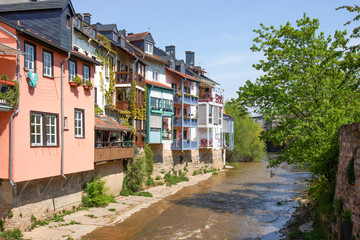 Fototapeta na wymiar Bach mouth of Ellerbach in Bad Kreuznach and view of the old city