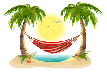 Beach vacation. Hammock between palm trees