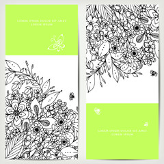 Vector illustration of card with floral banners Zen Tangle, doodling.  Bright, fashion and beauty.  Adult coloring books , black, brown, white.