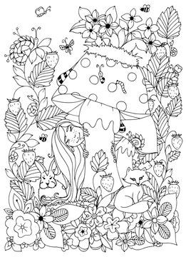 Vector illustration Zen Tangle girl with freckles hid behind a mushroom. Doodle flowers, forest animals. Coloring book anti stress for adults. Coloring Page. Black white.