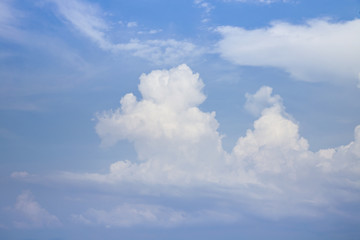 Wood table top on blue sky with clouds - used for display your products