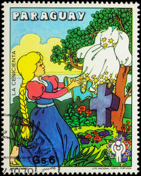 Cinderella and her new dress - scene from a fairy tale on postag