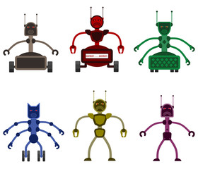 Set of angry evil robots. Future vicious mechanical life form. Vector illustration.