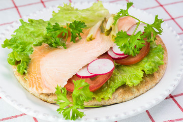 Fresh homemade pita sandwich with hot smoked salmon, letuce and vegetables.