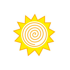 Abstract sun vector logo, yellow orange happy sun cartoon style and spiral emblem, simple flat symbol modern design, sun icon illustration concept isolated on white background
