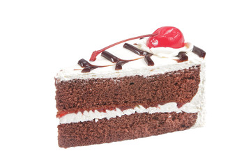 Slice of  cake with cream  and cherry, chocolate cake on white b