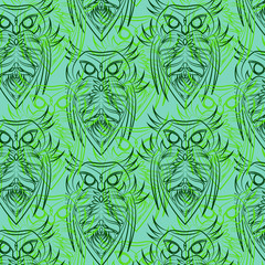Green owls seamless pattern