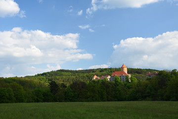 Beautiful Gothic castle Veveri. The city of Brno at the Brno dam. South Moravia - Czech Republic - Central Europe. Spring landscape.