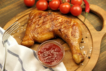 Barbecued Chicken Quarter On The Wood Cutting Board
