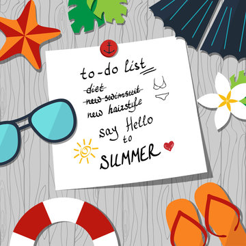 vector card template with to-do list and summer accessories on the seamless wood background 