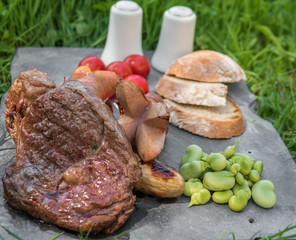 Grilled steak and sausages at a spring picnic