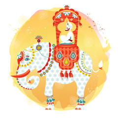 Decorated indian elephant with maharaja on a back.