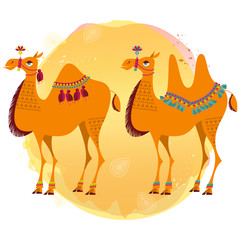 Two camels with traditional decoration.
