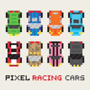 Pixel Art Style Racing Cars Vector Set