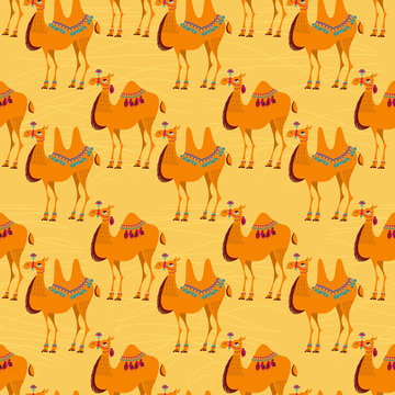Camels with traditional decoration. Seamless background pattern.