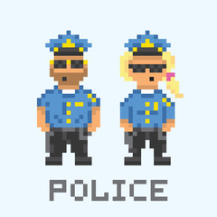 Police couple in pixel art style vector illustration