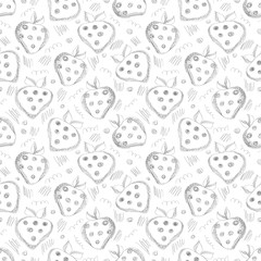 Seamless vector gray pattern with hand drawn strawberries and scribbles on the white background. Series of Cartoon, Doodle, Sketch and Scribble Seamless Patterns.
