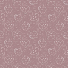 Seamless vector gray pattern with hand drawn strawberries and scribbles on the vinous background. Series of Cartoon, Doodle, Sketch and Scribble Seamless Patterns.