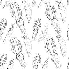 Seamless vector pattern. Cute background with hand drawn rabbits and carrot. Series of Cartoon, Doodle, Sketch and Scribble Seamless Vector Patterns.