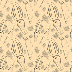 Seamless vector pattern. Cute background with hand drawn rabbits and carrot. Series of Cartoon, Doodle, Sketch and Scribble Seamless Vector Patterns.