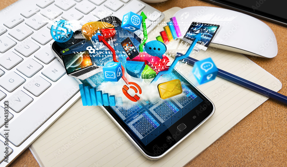 Poster tech devices and cloud over modern mobile phone