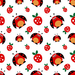Seamless vector pattern with insects, symmetrical background with bright cute comic ladybugs and strawberries, on the white backdrop. Series of Animals and Insects Seamless Patterns.